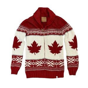 Canadiana Womens Maple Leaf Nordic Zip-Front Shawl Collar Cardigan Rink Sweater